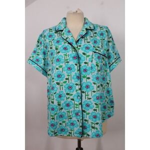 Kate Spade L Blue Floral Pajama Top Short Sleeve Button Up Blouse